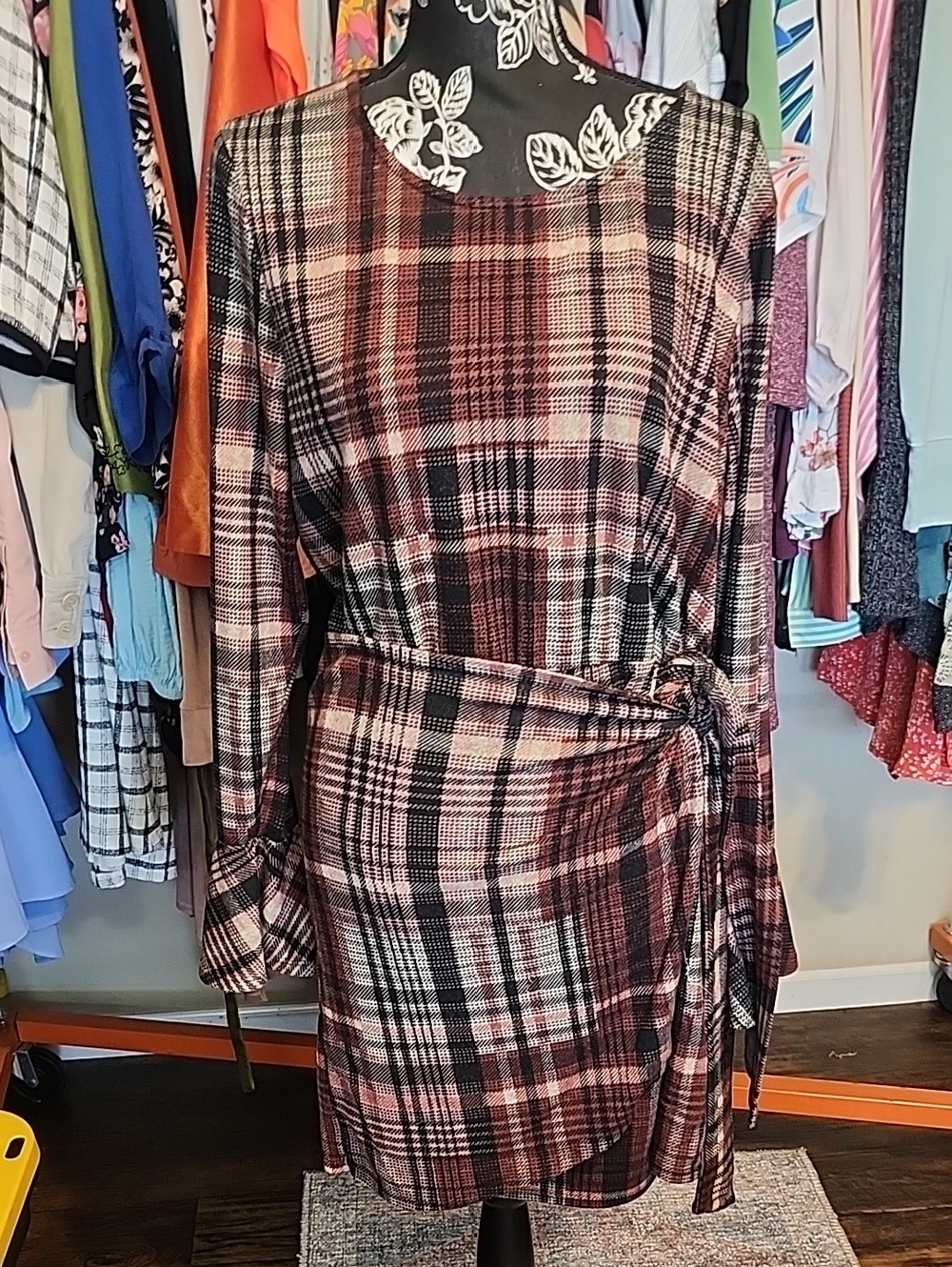 Cato Plaid Wrap-Style Long Sleeve Dress in Pink and Black
